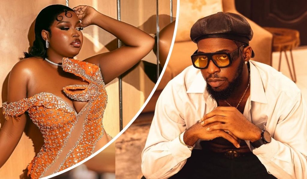 BBNaija stars Zion and Chinwe pose in a stylish collage—Zion sports a crisp white shirt, black pants, cap, and sunglasses, while Chinwe dazzles in an orange off-shoulder dress adorned with detailed beadwork and a bold necklace.