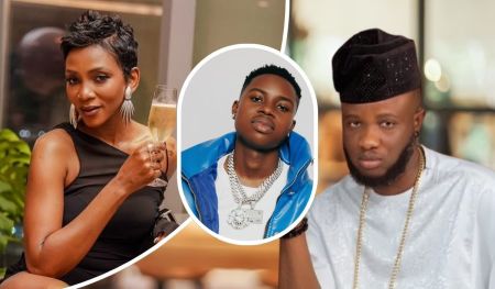 From left to right: Genevieve Nnaji elegantly dressed in black, holding a champagne glass; Pellet showcasing a bold streetwear look with a blue jacket and layered chains; Deeone wearing traditional attire accented with a gold chain and a confident expression.