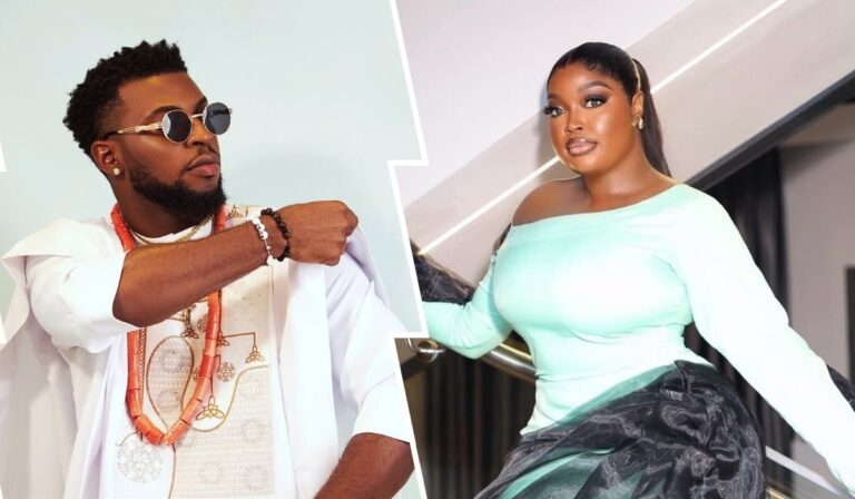 Zion and Chinwe, stars of BBNaija, showcase striking looks in a side-by-side collage. Zion wears an embroidered white agbada with coral beads and traditional accessories, while Chinwe poses on a staircase in a mint green off-shoulder top and a black-and-green patterned skirt, capturing their flair and cultural style.
