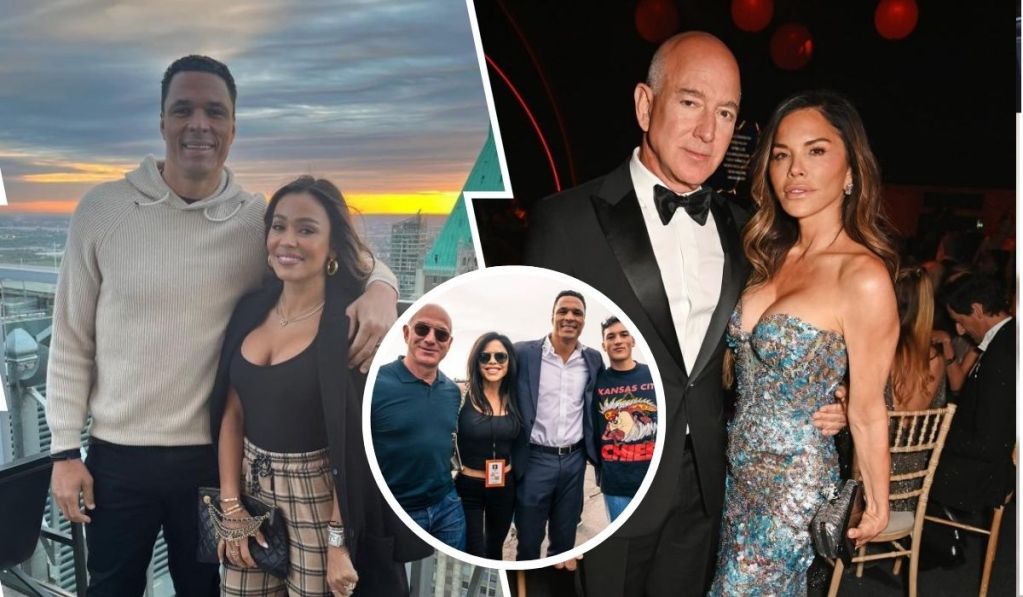 Tony Gonzalez stands with his wife on a rooftop at sunset with a city skyline behind them. An inset shows Gonzalez with a friend alongside Jeff Bezos and Lauren Sanchez. On the right, Bezos and Sanchez appear dressed for a formal event.