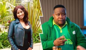Helen Atti poses outdoors in a stylish black leather jacket, framed by lush greenery, while Cubana Chief Priest relaxes indoors in a green sweater, holding a drink with a calm, confident expression.