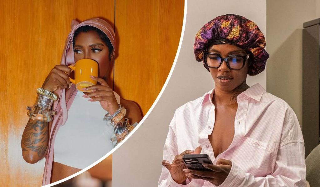 Tiwa Savage appears in two contrasting looks: on the left, she wears a white sleeveless top with a pink headscarf and layered bracelets while holding a yellow container; on the right, she’s dressed in a light pink shirt and a vibrant bonnet, holding a smartphone.