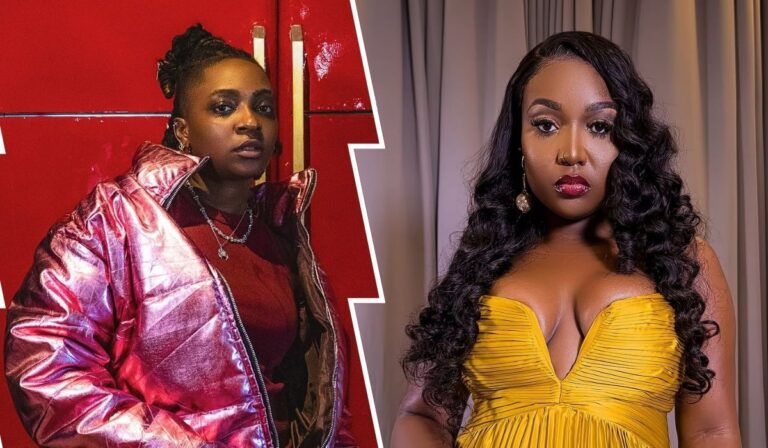 BBNaija stars Rhuthee and Dj Flo exude vibrant style—Rhuthee in a glossy pink jacket layered over a red top, accented with a statement necklace and a bold red backdrop, while Dj Flo stuns in a low-cut yellow dress framed by flowing curls and soft-toned curtains.