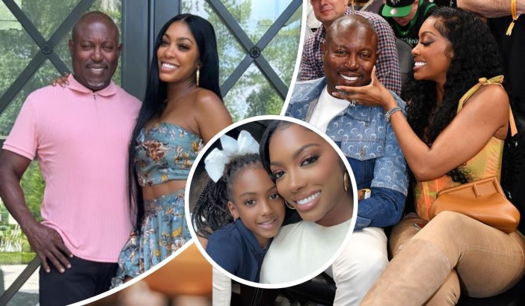 Porsha Williams appears in coordinating floral attire beside Simon Guobadia in a pink polo, with additional scenes showing her in a vibrant ensemble next to Simon in a blue patterned jacket and white pants. Their young daughter, adorned with a white hair bow, is also featured, highlighting stylish family moments across different settings.