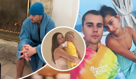 Justin Bieber lounges by a fireplace in a blue robe and beanie, while Hailey Bieber holds their baby dressed in yellow. Another moment captures the couple outdoors—Hailey in a light blue dress and Justin in a vibrant tie-dye hoodie with "drew" printed across the front.