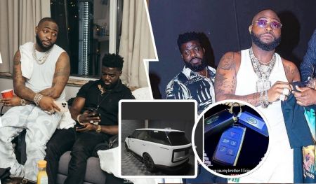 Davido stands proudly beside his personal assistant, Lati, celebrating the gift of a white SUV. The collage captures heartfelt moments between the two, including a note from Davido that reads, "Love you my brother!! Enjoy," shown alongside the car keys.