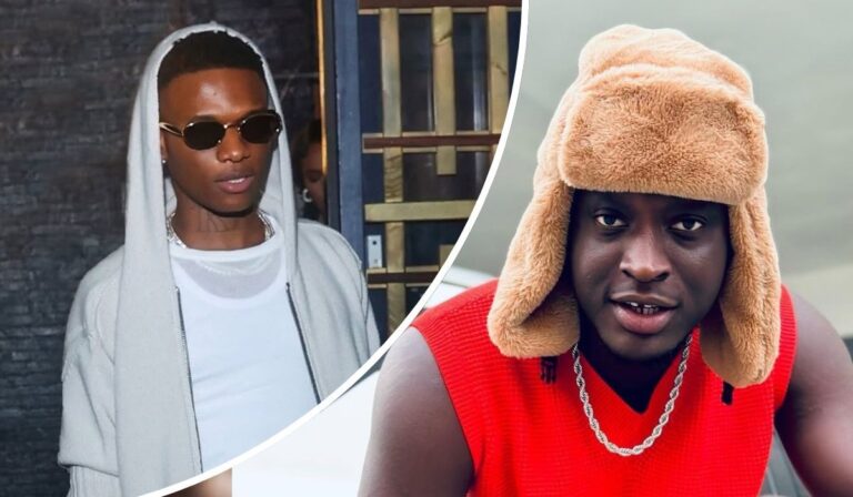 Singer Wizkid appears in a white hoodie layered over a white shirt, exuding a sleek, minimal look, while skitmaker Carterefe contrasts him in a red sleeveless top, furry hat, and chunky chain, showcasing a bold, expressive style. The duo’s fashion choices highlight their distinct personas and creative flair.