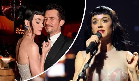 Katy Perry stuns in a strapless gown as she chats with Orlando Bloom in a tuxedo at a star-studded Vanity Fair event, with a disco ball shimmering in the background. In a second frame, she takes the stage in a sheer, embellished outfit, microphone in hand, commanding the spotlight with her performance presence.