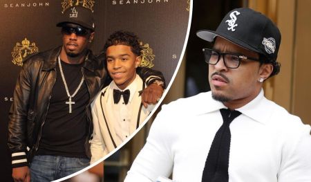 Diddy stands in a sleek black leather jacket and matching cap beside his son Justin, who wears a crisp white tuxedo with black accents, both posing in front of a branded Sean John backdrop. In a separate frame, Diddy appears in a white shirt and black tie, keeping his signature cap style.