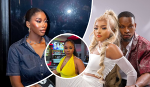 BBNaija star Nelly poses in a denim shirt with statement jewelry, while Onyeka stands center in a vibrant yellow outfit. Kellyrae and Kassia, the BBNaija couple, appear side by side—Kellyrae in white and Kassia in a red patterned jacket.