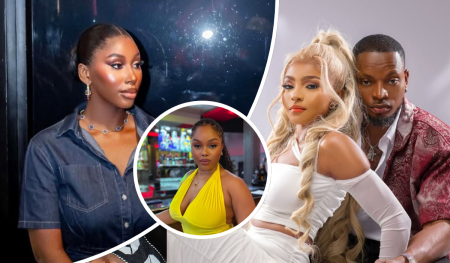 BBNaija star Nelly poses in a denim shirt with statement jewelry, while Onyeka stands center in a vibrant yellow outfit. Kellyrae and Kassia, the BBNaija couple, appear side by side—Kellyrae in white and Kassia in a red patterned jacket.