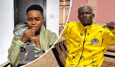 Tiktoker Peller sports a light green jacket while holding a smartphone with an orange and white design, standing beside singer Portable, who wears a bold yellow jacket with black accents and a "POLLUX" patch, both showcasing distinct streetwear flair.