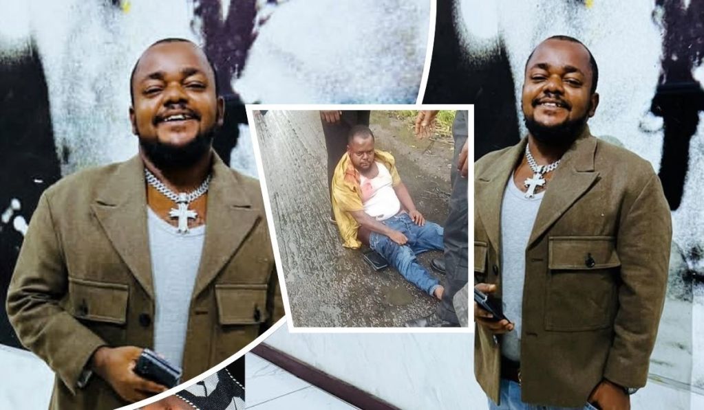 Actor Odira Nwobu appears in two contrasting scenes: confidently dressed in a brown jacket and cross necklace while holding a phone, and in a vulnerable state seated on the ground in a yellow shirt and blue jeans, surrounded by onlookers.