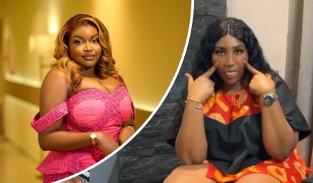 BBNaija stars Chinwe and Chinne showcase distinct styles—Chinwe in a vibrant pink lace dress standing confidently in a hallway, while Chinne, dressed in a black and red ensemble with gold accents, strikes a playful pose while seated.