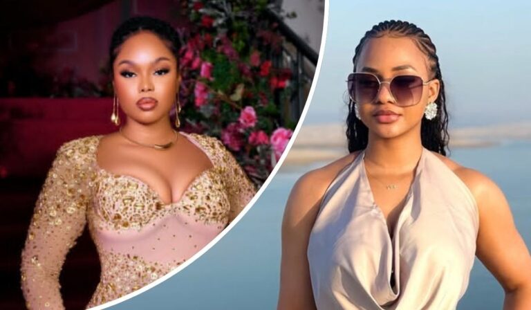 BBNaija stars Onyeka and Victoria exude elegance in contrasting settings—Onyeka stuns in a gold-embellished gown amid a lush floral backdrop, while Victoria radiates charm in a halter-neck dress by the coast, blending glamour with natural serenity.