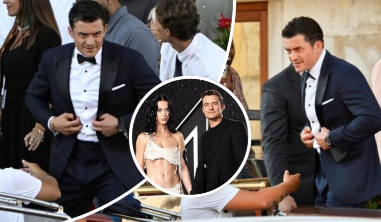 Orlando Bloom attends a formal event in a black tuxedo, adjusting his jacket with a composed expression. A central inset features a past moment with Katy Perry, both dressed stylishly, reflecting their former relationship.