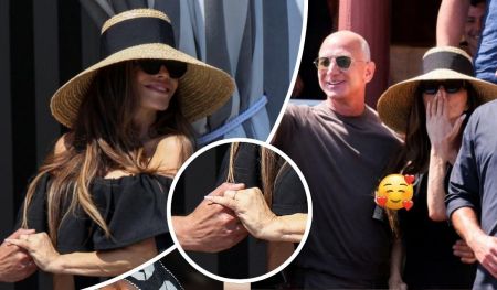 Jeff Bezos and Lauren Sanchez share affectionate moments, holding hands and embracing. Sanchez wears a black off-the-shoulder top and a wide-brimmed hat, while Bezos is in a grey shirt. A close-up of their intertwined hands and a heart-themed emoji highlight the romantic tone.