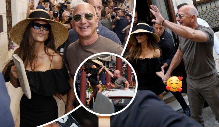 Jeff Bezos and Lauren Sanchez walk hand in hand through a bustling crowd, with Sanchez in a black off-the-shoulder dress and wide-brimmed hat, and Bezos in a casual grey t-shirt. A central inset shows Bezos assisting Sanchez down a step, capturing a candid moment of care amid media attention.