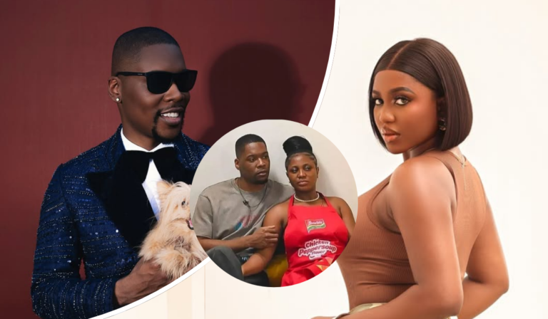 BBNaija stars Shaun and Wanni pose in stylish outfits—Shaun in a glittering blue suit holding a fluffy dog, and Wanni in a chic brown top with a sleek bob. A central photo shows them seated together, Shaun in a grey shirt and Wanni in a red apron labeled "Chicken Peppersoup Flavor."