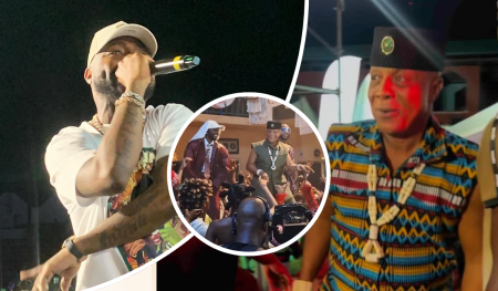 Davido and Bright Chimezie appear side by side—Davido in modern streetwear performing energetically, Chimezie in traditional attire exuding cultural pride—symbolizing a fusion of Afrobeats and highlife.