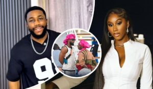 BBNaija stars Sooj and Nelly appear in a stylish collage. Sooj sports a black jersey with the number 9 and a silver chain, while Nelly wears a white outfit with a necklace. At the center, they engage in conversation, both donning pink head coverings.