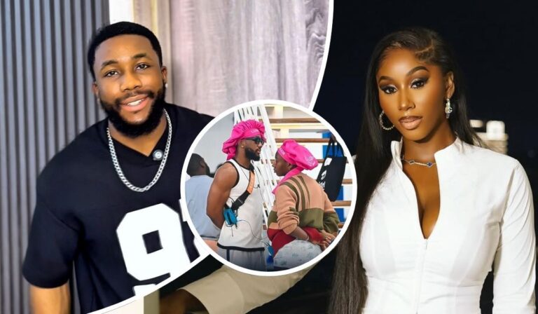 BBNaija stars Sooj and Nelly appear in a stylish collage. Sooj sports a black jersey with the number 9 and a silver chain, while Nelly wears a white outfit with a necklace. At the center, they engage in conversation, both donning pink head coverings.