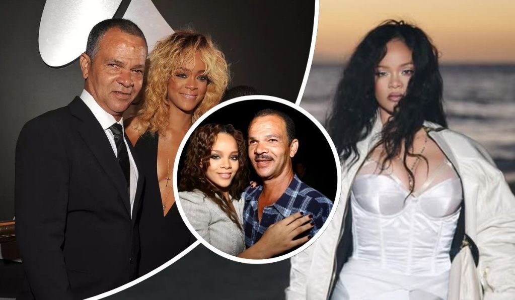 Rihanna appears in a series of moments with her father, Ronald Fenty—from a formal event where she wears a black outfit and cross necklace beside him in a suit, to a warm embrace in casual attire, and a serene beach scene where she stands in a white corset and jacket with the ocean behind her.