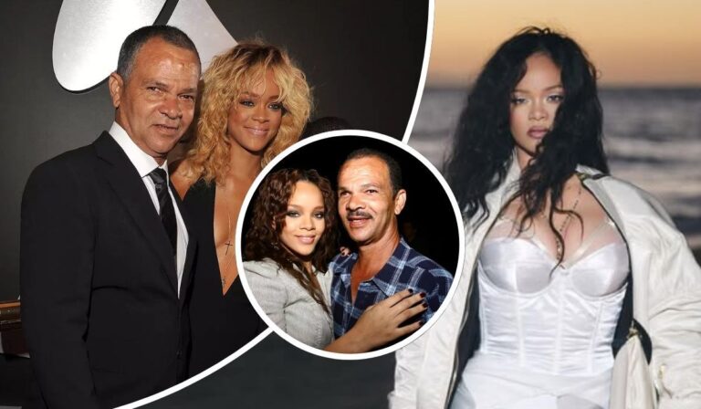 Rihanna appears in a series of moments with her father, Ronald Fenty—from a formal event where she wears a black outfit and cross necklace beside him in a suit, to a warm embrace in casual attire, and a serene beach scene where she stands in a white corset and jacket with the ocean behind her.
