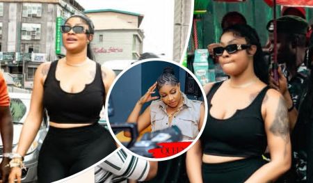 Angela Okorie showcases her bold style in three distinct scenes: confidently walking outdoors in a black crop top and pants, seated indoors in a beige sleeveless top with braided hair and layered accessories, and standing under an umbrella amid a crowd, possibly at a public event.