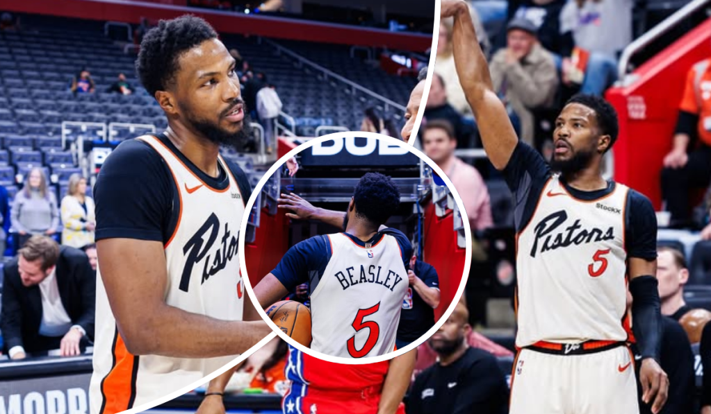 Malik Beasley, wearing a Detroit Pistons jersey with the number 5 and StockX branding, is captured in dynamic poses on the court, including holding a basketball and raising an arm, with spectators visible in the background.