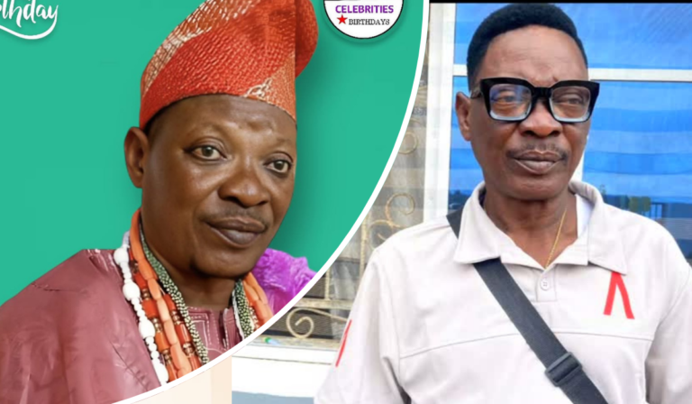 Actor Lalude appears in two contrasting looks: on the left, he wears traditional attire with a red cap and layered beaded necklaces; on the right, he sports a white polo shirt with a red ribbon emblem and a crossbody bag, standing in front of a window with blue curtains.