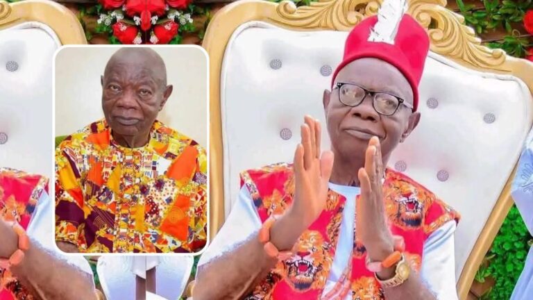 A collage features music legend Mike Ejeagha in two distinct settings. On the left, he is dressed in a vibrant, multicolored traditional outfit with intricate patterns, seated with hands resting on his lap. On the right, he wears a striking red and orange attire adorned with tiger motifs, a matching red cap with a white feather, and orange beads on his wrists, clapping his hands while seated on an ornate white chair with gold accents, surrounded by red floral decorations and greenery.