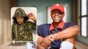Rapper Silento appears in two distinct looks: one in a camouflage hoodie layered with gold chains and pendants, and the other in a red cap, blue and red polo shirt, white socks, and a gold watch, set against a bright room with wooden flooring and large windows.