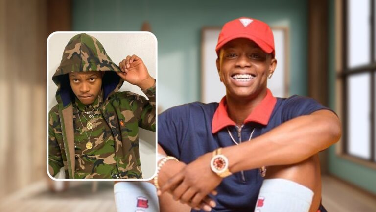 Rapper Silento appears in two distinct looks: one in a camouflage hoodie layered with gold chains and pendants, and the other in a red cap, blue and red polo shirt, white socks, and a gold watch, set against a bright room with wooden flooring and large windows.