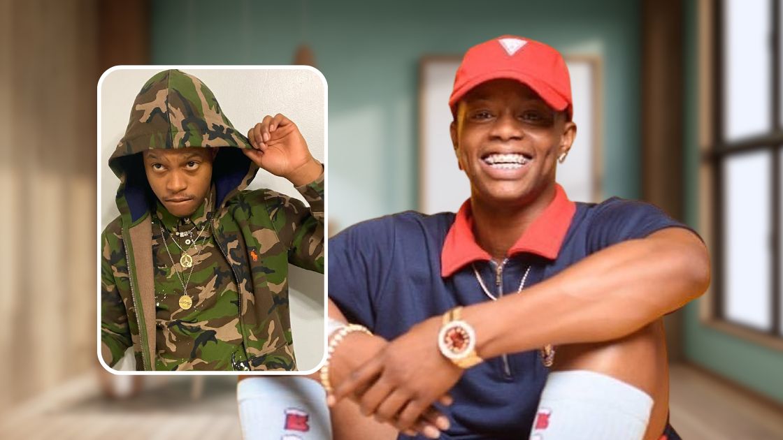 Rapper Silento appears in two distinct looks: one in a camouflage hoodie layered with gold chains and pendants, and the other in a red cap, blue and red polo shirt, white socks, and a gold watch, set against a bright room with wooden flooring and large windows.