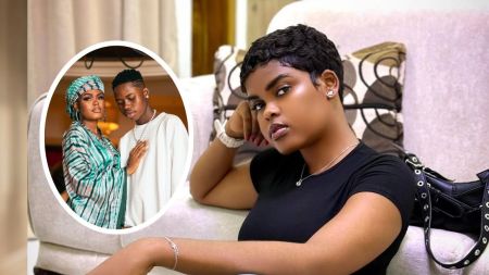 Influencer Jarvis lounges on a couch in a black top, accessorized with earrings, a necklace, bracelet, and a studded handbag nearby; inset shows her standing beside her boyfriend, wearing a green and white striped outfit, while he wears a white sweater.