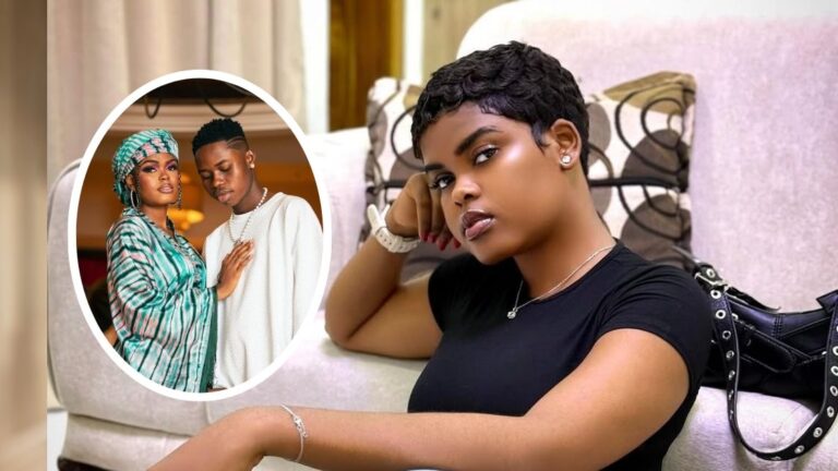 Influencer Jarvis lounges on a couch in a black top, accessorized with earrings, a necklace, bracelet, and a studded handbag nearby; inset shows her standing beside her boyfriend, wearing a green and white striped outfit, while he wears a white sweater.
