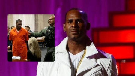 A collage featuring R. Kelly, with one side showing him in an orange prison uniform being escorted by a guard in a courtroom, and the other side depicting him on stage wearing a white jacket and gold chain against a vibrant purple and red background.