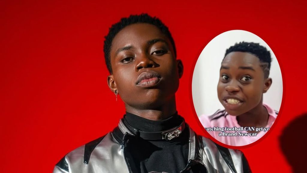 Tiktoker Peller is featured in a striking pose against a red background, wearing a silver and black jacket with a choker, alongside an inset of him smiling in a pink shirt with the text "watching football CAN get you a Brand New car."