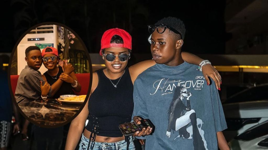 Tiktoker Peller and his girlfriend Jarvis are featured in a collage: one scene shows them laughing and feeding each other fries at a table with a red couch, while another depicts them walking arm in arm at night, with her in a red cap, black top, and light jeans holding a phone, and him in a "Hangover" t-shirt and star-patterned jeans carrying a bag.