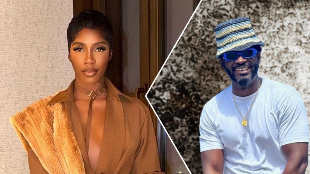 Teebillz and singer Tiwa Savage are featured side by side; Teebillz wears a striped bucket hat, blue sunglasses, a white shirt, and a gold necklace, while Tiwa Savage is dressed in a stylish brown outfit with a fur collar and a delicate necklace.