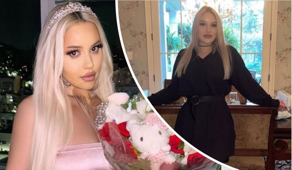 Kylie Page appears in two distinct settings: on the left, she wears a pink satin outfit with a tiara and holds a bouquet featuring a Hello Kitty plush, set against a nighttime city backdrop; on the right, she is dressed in a belted black dress, standing indoors near a window overlooking lush greenery.