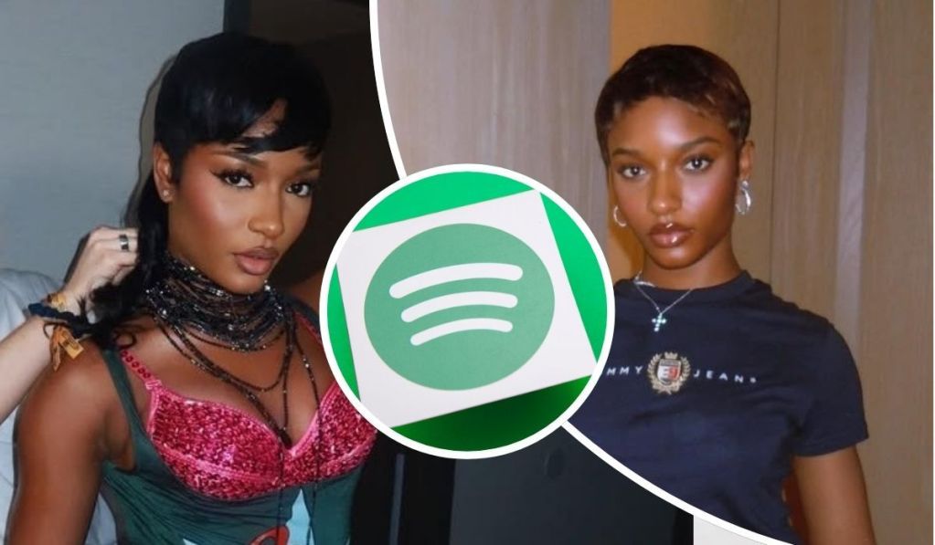 Ayra Starr appears in two stylish looks: one in a vibrant pink and green top layered with bold necklaces, and the other in a dark Tommy Jeans tee paired with a cross pendant. The Spotify logo between the portraits hints at a music-related feature or promotion.