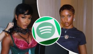Ayra Starr appears in two stylish looks: one in a vibrant pink and green top layered with bold necklaces, and the other in a dark Tommy Jeans tee paired with a cross pendant. The Spotify logo between the portraits hints at a music-related feature or promotion.