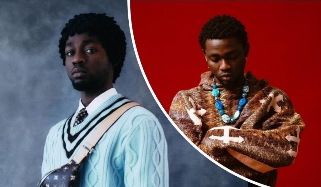 Singer Omah Lay showcases two distinct styles: on the left, he wears a light blue cable-knit sweater layered over a white shirt and patterned tie, paired with a beige strap and Louis Vuitton bag against a muted gray backdrop; on the right, he dons a brown sweater with white cross motifs and a bold blue beaded necklace set against a vivid red background.