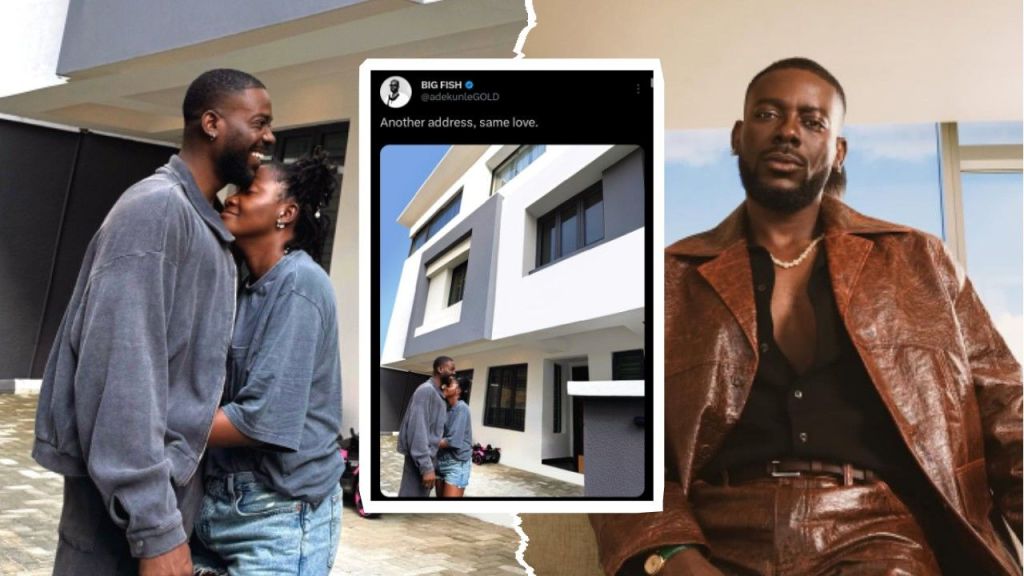 Adekunle Gold and Simi share a warm moment outside their newly acquired mansion, with an inset of Adekunle’s tweet saying “Another address, same love,” and a separate portrait of the singer dressed in a brown leather outfit.