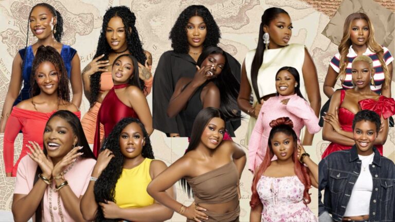 A group collage featuring the 15 female housemates of Big Brother Naija Season 10, posing in stylish and colourful outfits against a patterned background.