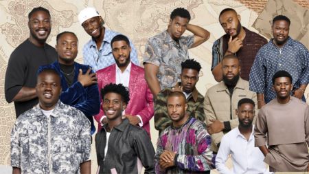 A group photo of all BBNaija Season 10 male housemates posing together in stylish outfits against a patterned backdrop.
