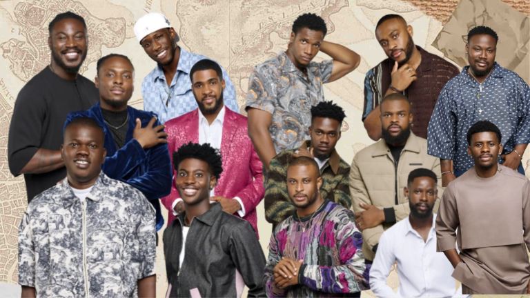 A group photo of all BBNaija Season 10 male housemates posing together in stylish outfits against a patterned backdrop.