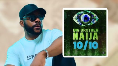 BBNaija host Ebuka Obi-Uchendu in a light blue shirt and sunglasses, pictured beside the Big Brother Naija Season 10 logo with the theme "10/10".